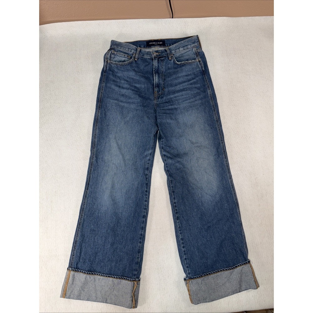 Veronica Beard Taylor Relaxed Wide Leg Jeans Blue Denim High Rise Cuffed Hem 30 - Picture 2 of 13